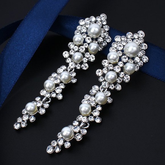 Jewelry - Silver Crystal Pearl Rhinestone Chandelier Wedding Bridal Prom Dangle Earrings